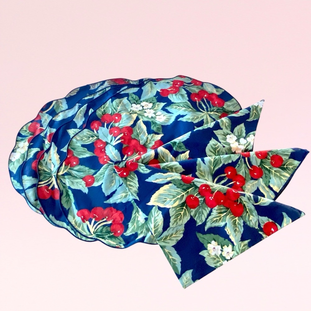 Placemats and Matching Napkins Now Designs Cherries &  Florals Navy Blue 7pc Set